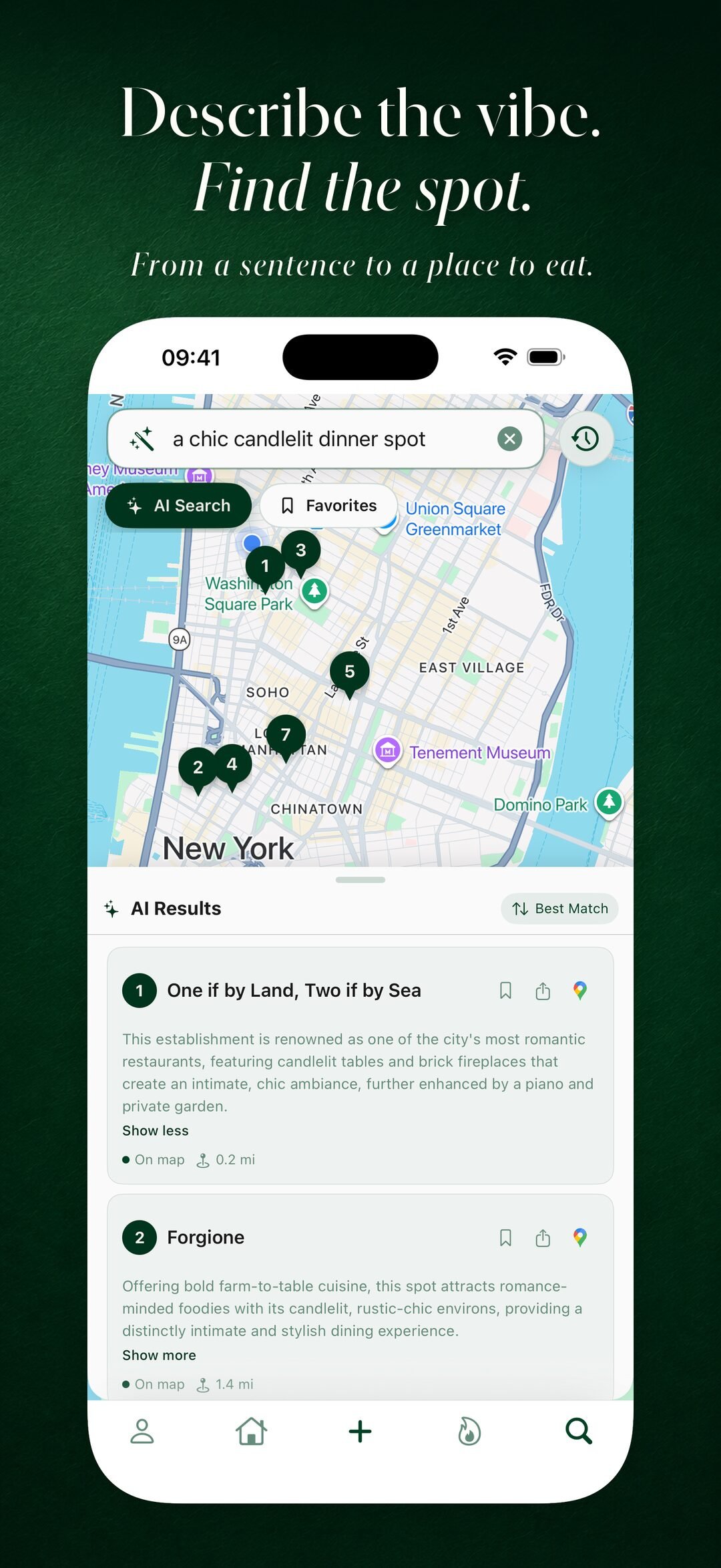 Nodesto AI Search — describe a vibe like 'a chic candlelit dinner spot' and get a ranked list of restaurants with an AI summary of why each one fits.