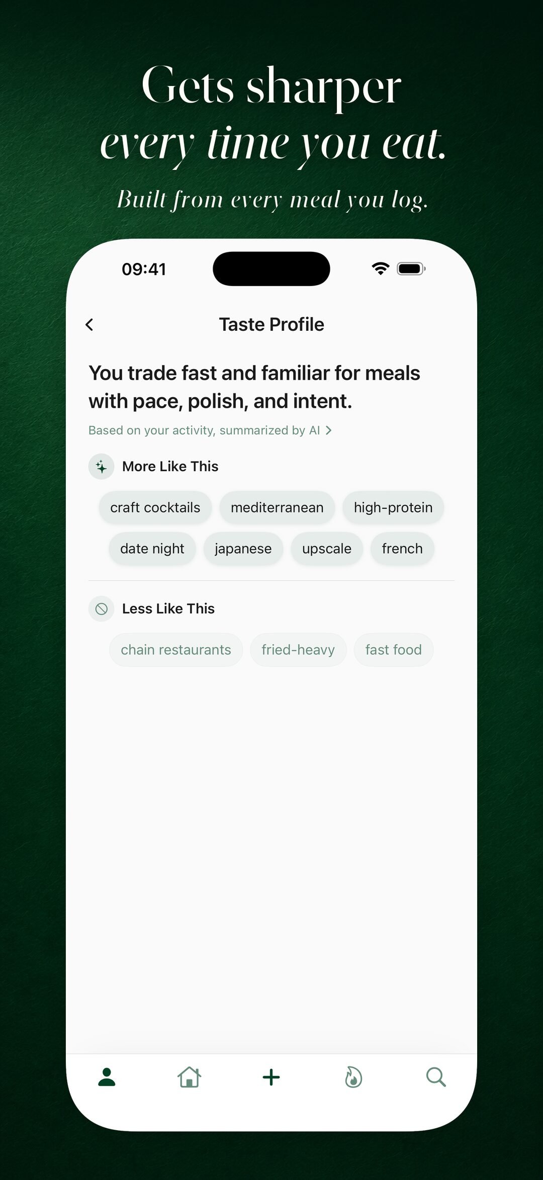 Taste profile screen showing dining personality and editable tags.