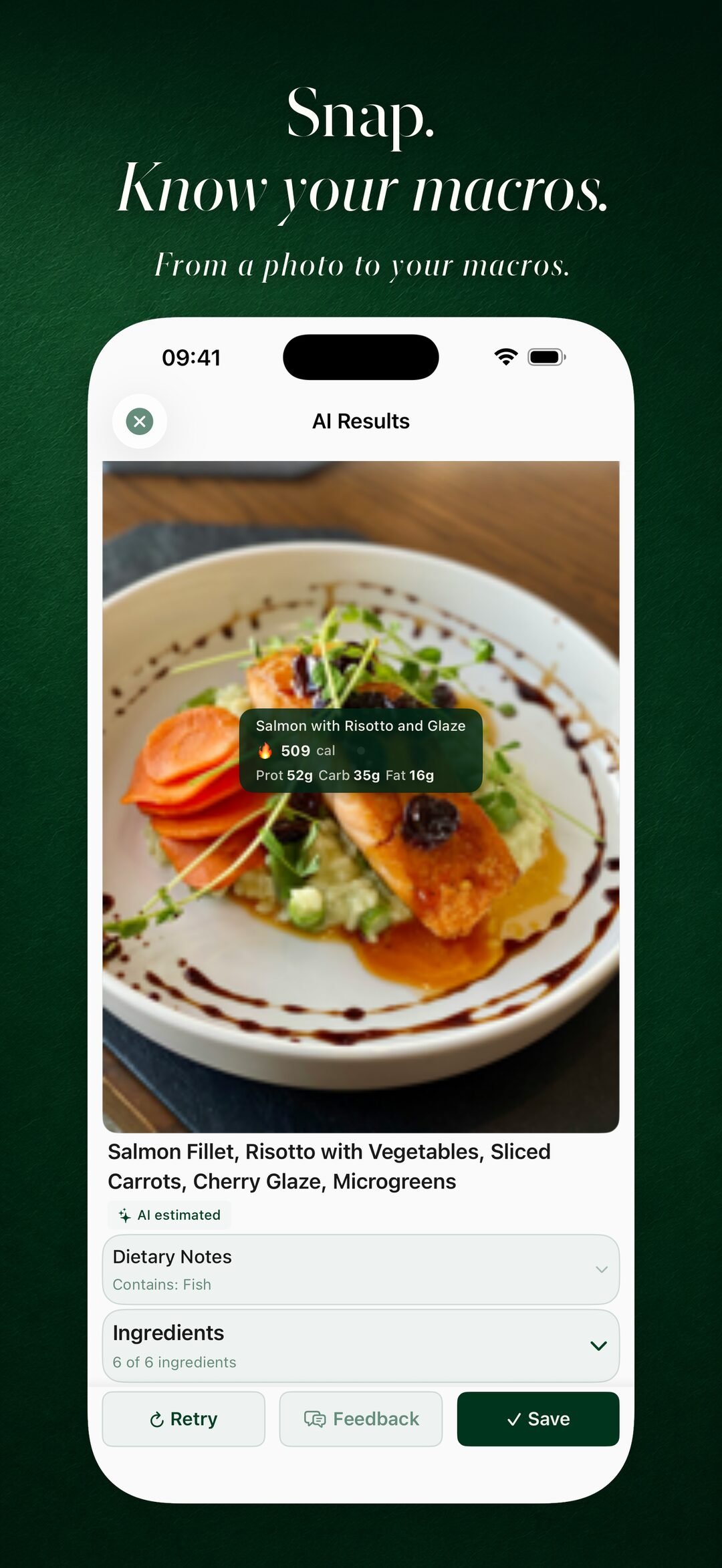 AI macro results for a salmon and risotto plate, with dietary alerts.