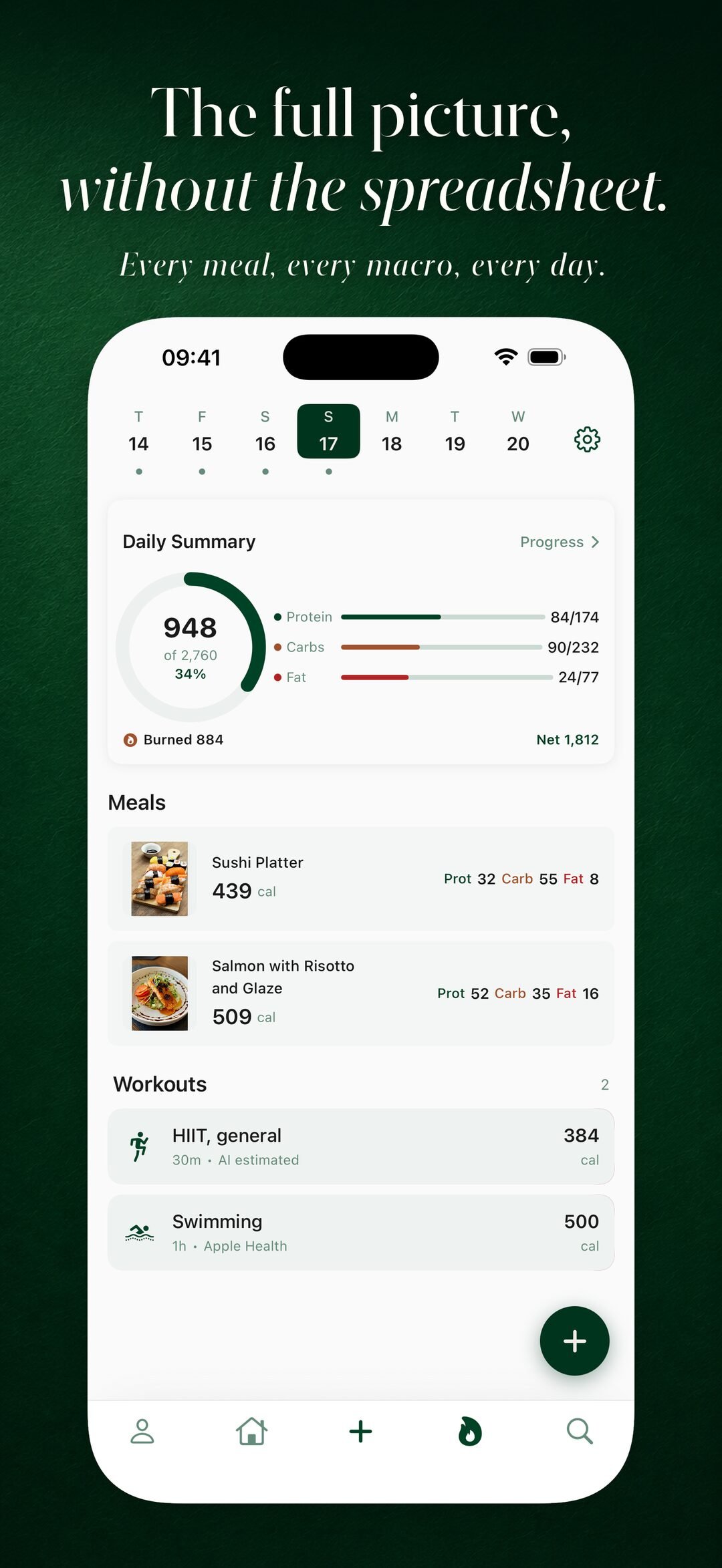 Calorie dashboard with daily summary, meals, and workouts.